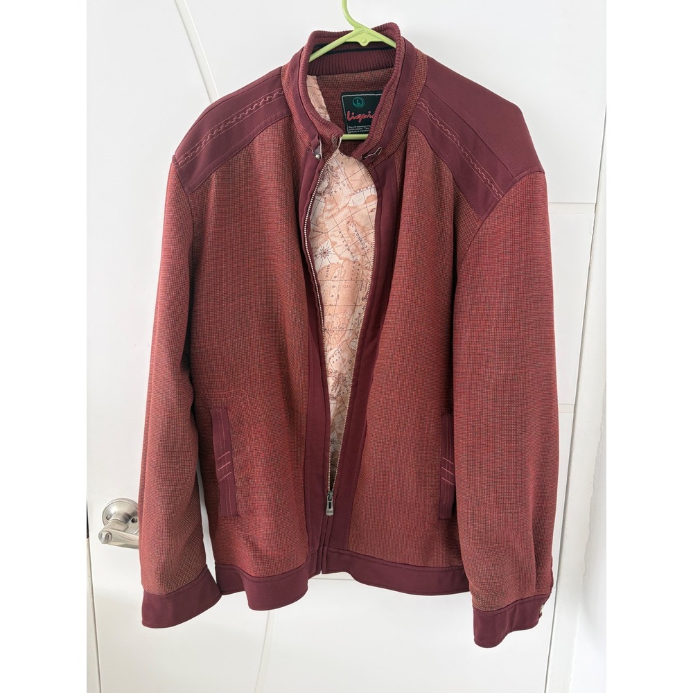 Liquid Mens Burgundy Textured Zip Up Bomber Jacket Map Print Lining Size L